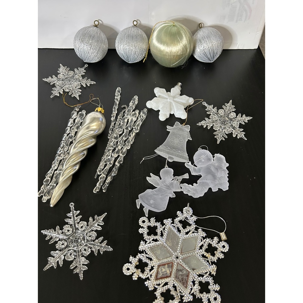 Bulk Lot Christmas Ornaments Clear Silver White Snowflake Icicle Angel Vintage